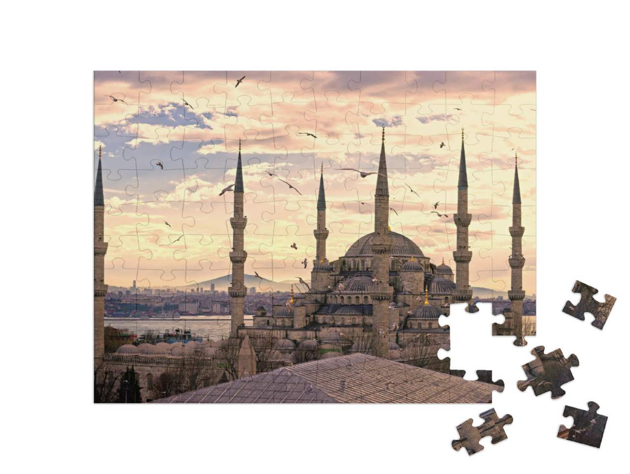 Puzzle 100 pezzi „Tramonto sulla Moschea Blu (Sultanahmet Camii), Istanbul, Turchia“