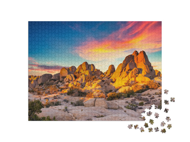 Puzzle 1000 pezzi „Rocce nel tramonto incandescente, Parco Nazionale di Joshua Tree, California“