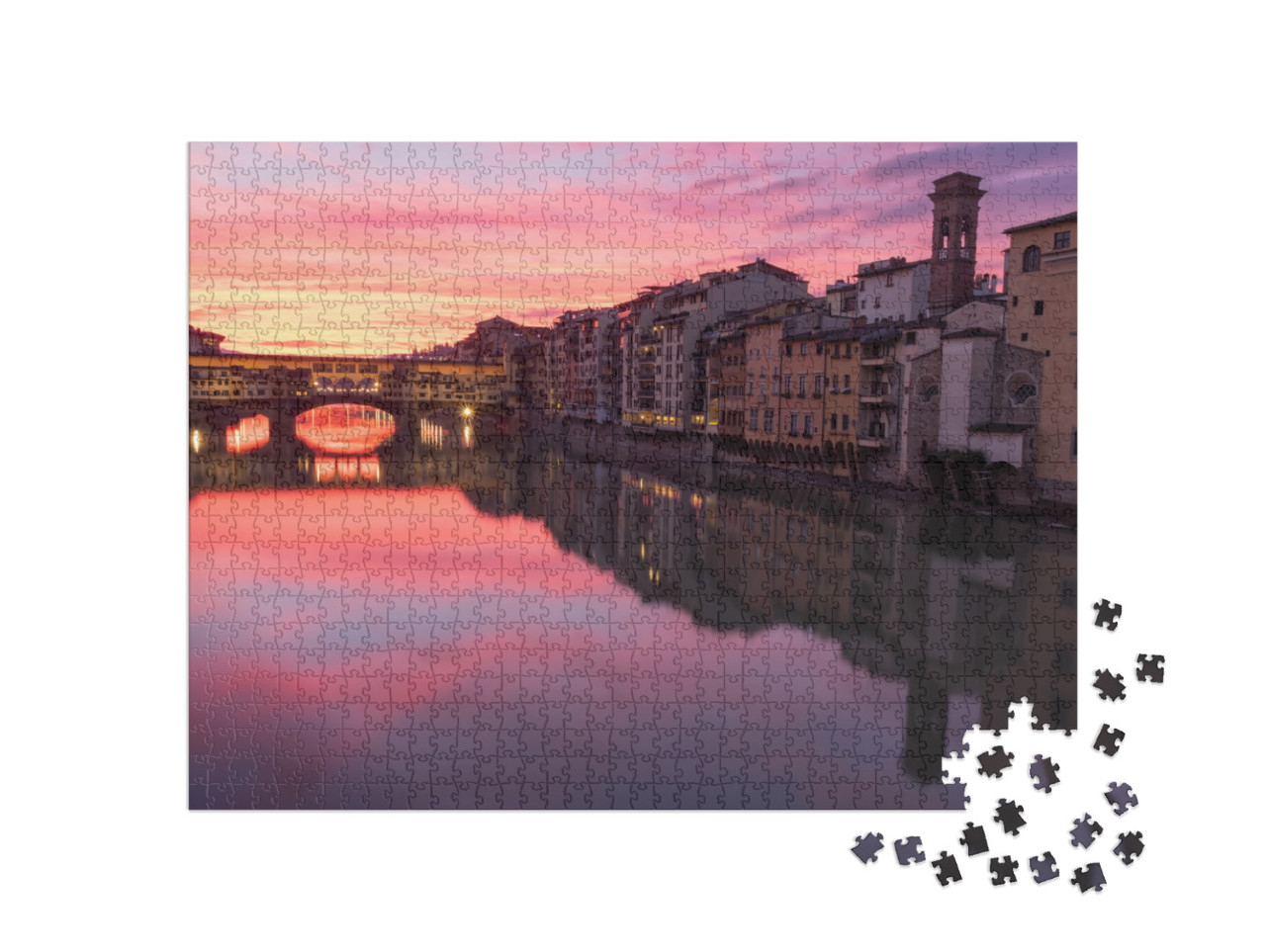 Puzzle 1000 pezzi „Bruciante alba invernale sul famoso Ponte Vecchio a Firenze, Toscana, Italia“