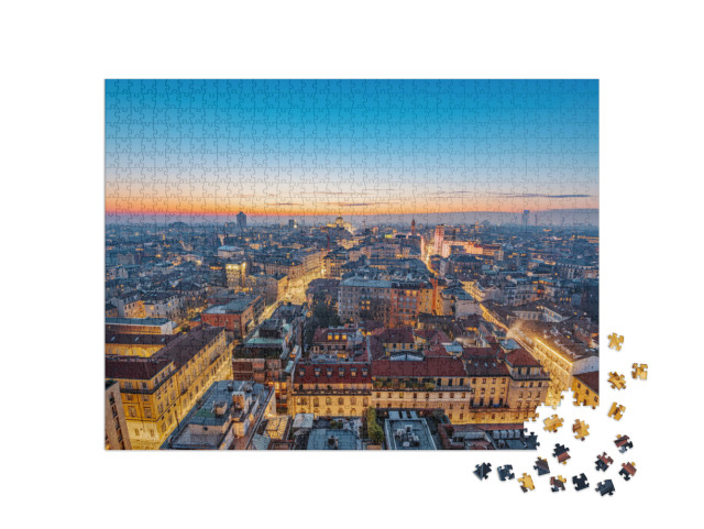 Puzzle 1000 pezzi „Milano, Italia, panoramica aerea del paesaggio urbano al tramonto.“