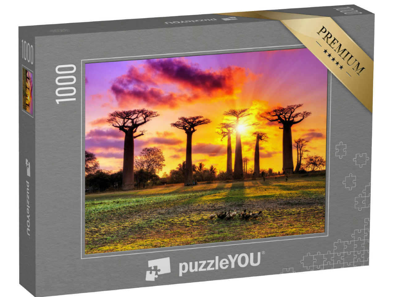 Puzzle 1000 pezzi „Alberi di baobab al tramonto in Madagascar“