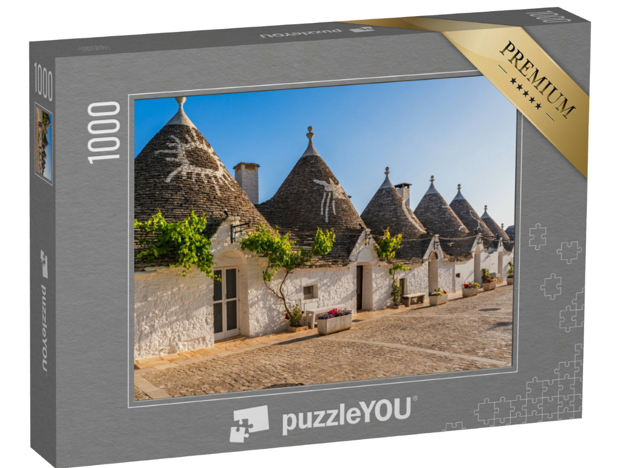 Puzzle 1000 pezzi „Famosi trulli storici in pietra a secco con tetti conici ad Alberobello, Italia.“