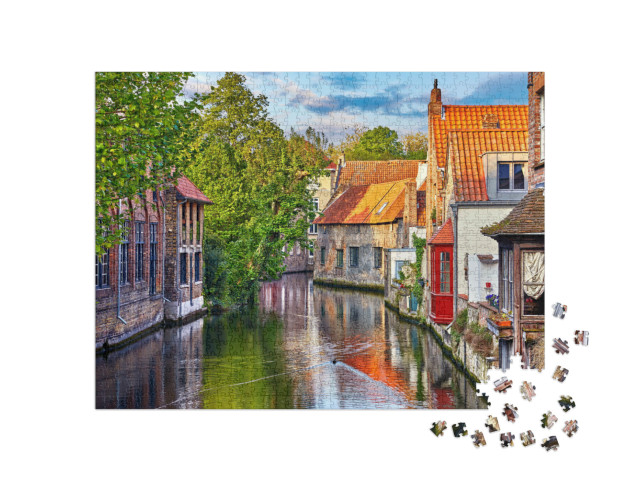 Puzzle 1000 pezzi „Strada medievale lungo il canale di Bruges, Belgio“