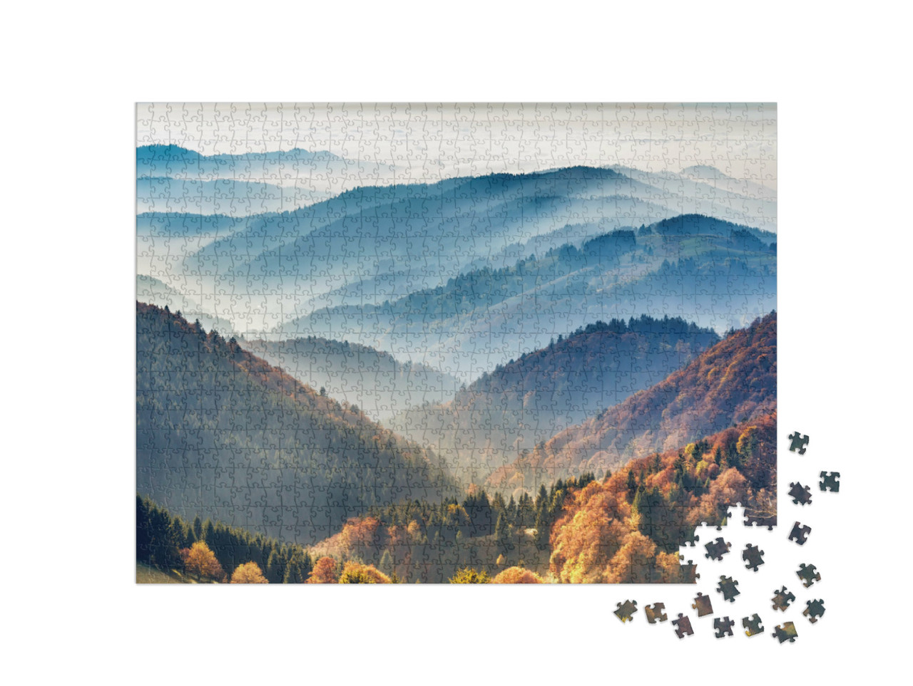 Puzzle 1000 pezzi „Pittoresca Foresta Nera: montagne nella nebbia, Baden-Württemberg, Germania“