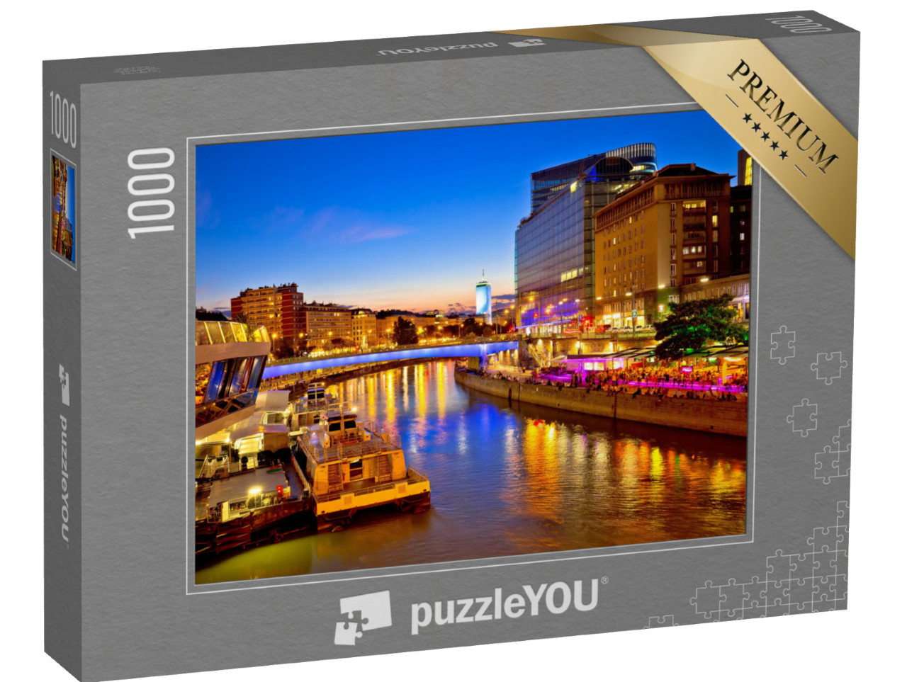 Puzzle 1000 pezzi „Vienna, capitale dell'Austria, vista serale e moderna sul fiume“