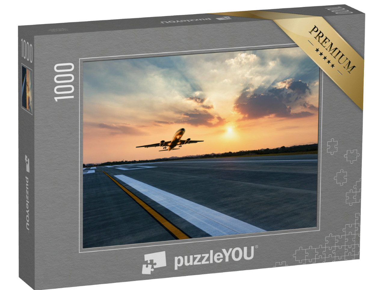 Puzzle 1000 pezzi „Decollo di un aereo passeggeri nel cielo serale“