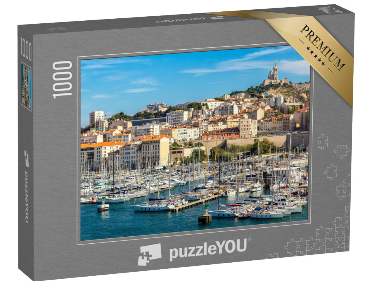 Puzzle 1000 pezzi „La Basilica Notre Dame de la Garde e il porto vecchio di Marsiglia, Francia“