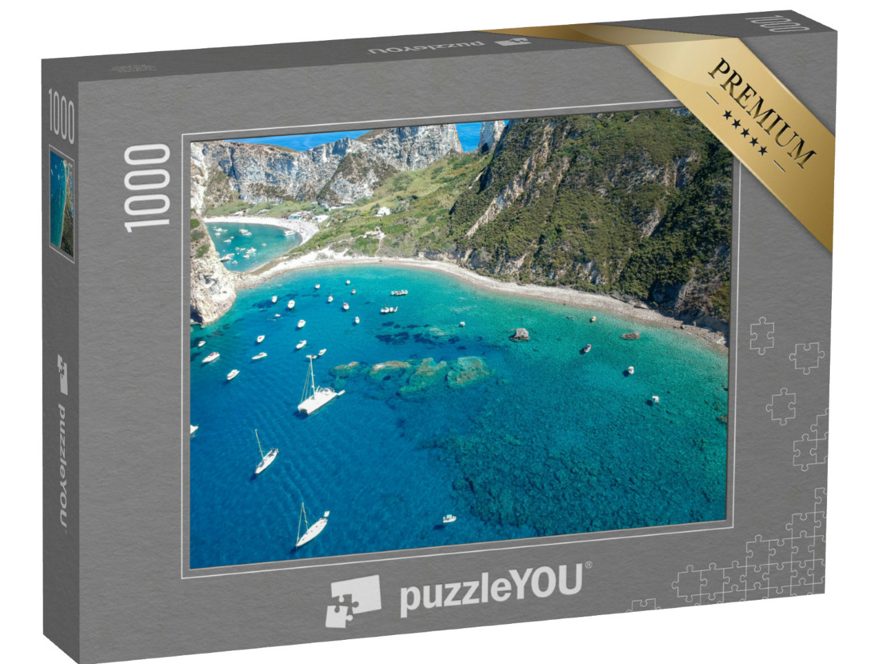 Puzzle 1000 pezzi „Vista da drone dell'isola di Palmarola con acqua verde cristallina e barche, Ponza,Lazio“