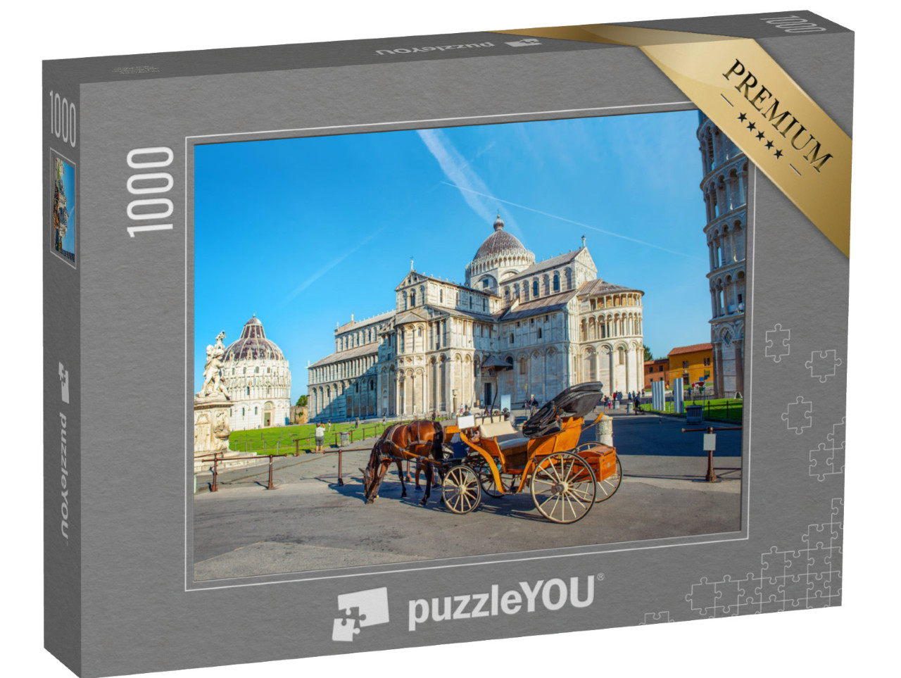 Puzzle 1000 pezzi „Carrozza con cavallo davanti alla torre pendente di Pisa“