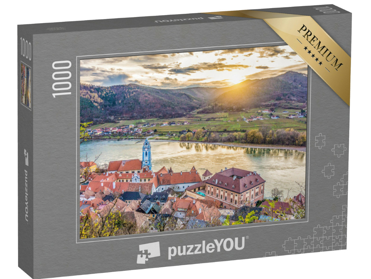 Puzzle 1000 pezzi „Vista panoramica della valle di Wachau con la storica città di Durnstein, Austria“