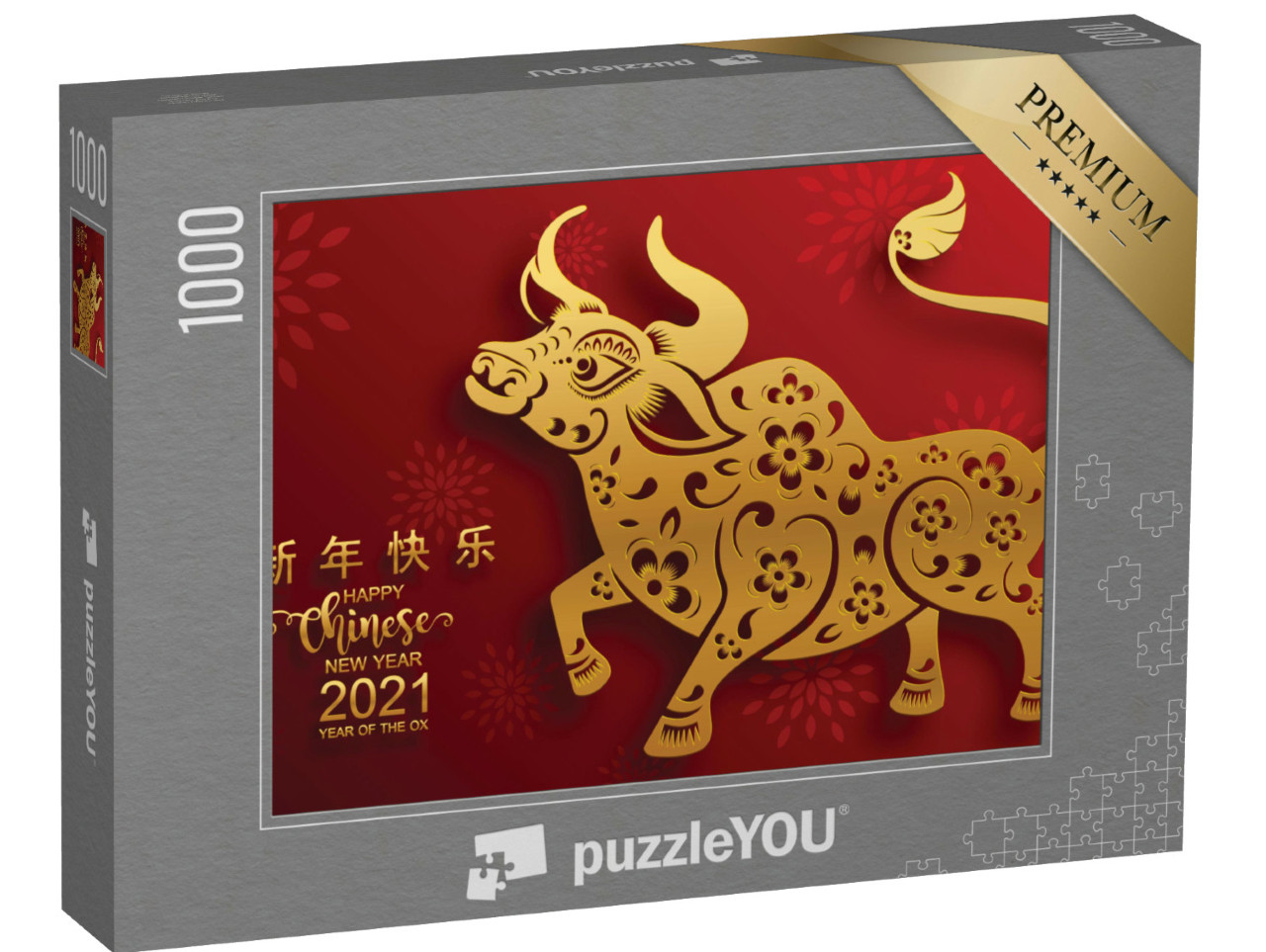 Puzzle 1000 pezzi „Capodanno cinese 2021, anno del bue, in rosso e oro“