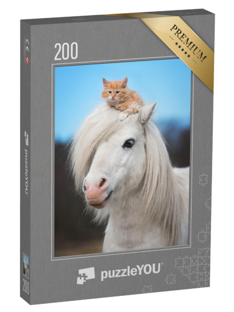 Puzzle 200 pezzi „Un gattino rosso sulla testa di un pony Shetland bianco“