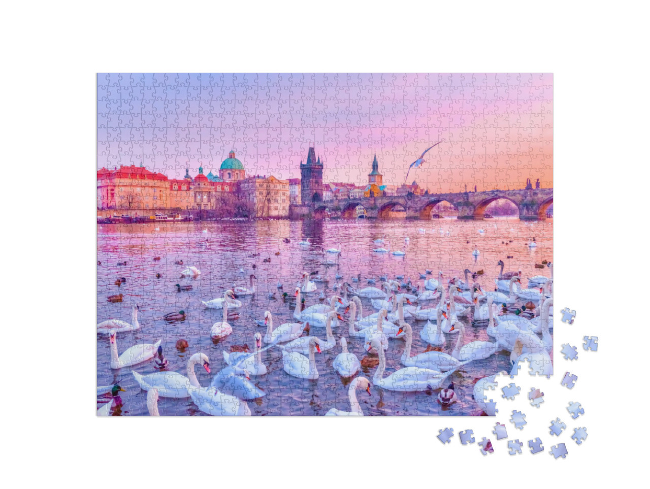 Puzzle 1000 pezzi „Cigni sulla Moldava, tramonto a Praga“