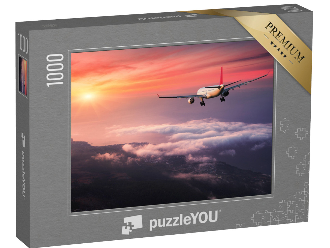 Puzzle 1000 pezzi „Aereo nel cielo rosso della sera sopra le nuvole“