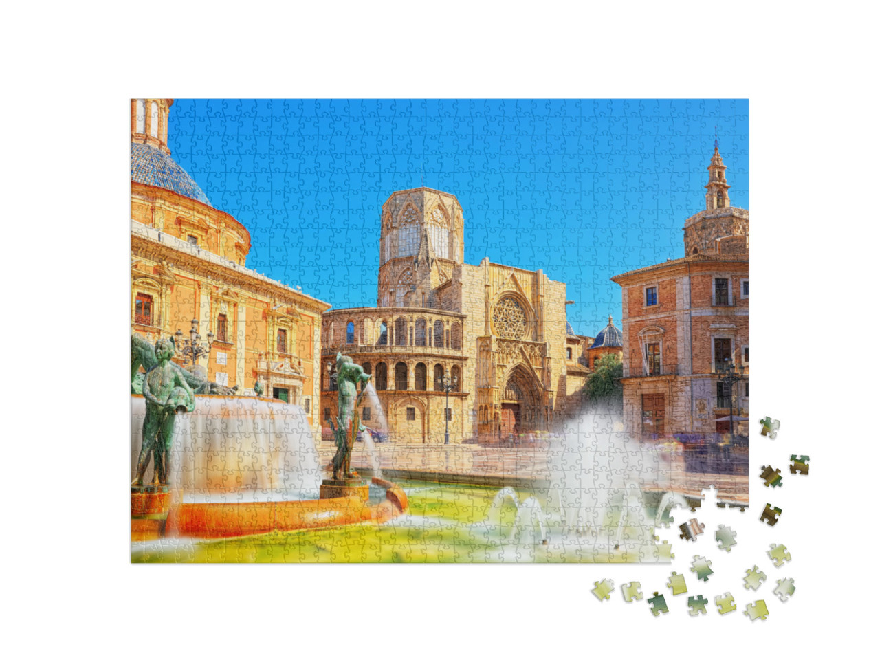 Puzzle 1000 pezzi „Pittoresca fontana di fronte alla Cattedrale di Valencia, Spagna“