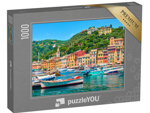 Puzzle 1000 pezzi „Vista della città di Portofino e del porto con le barche, Italia“
