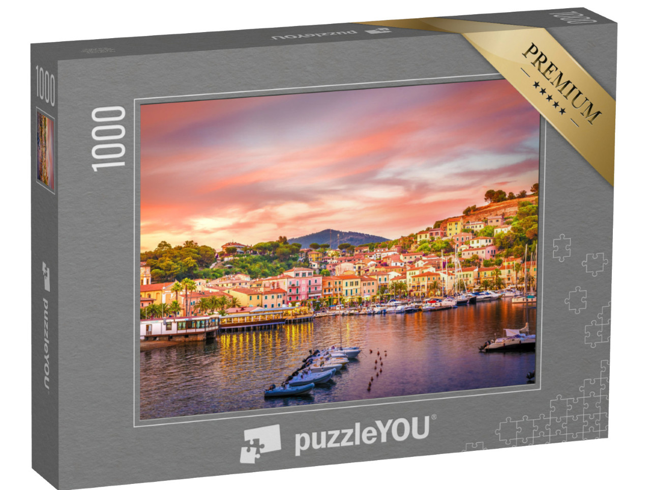 Puzzle 1000 pezzi „Porto e villaggio di Porto Azzurro al tramonto, Isola d'Elba, Italia“