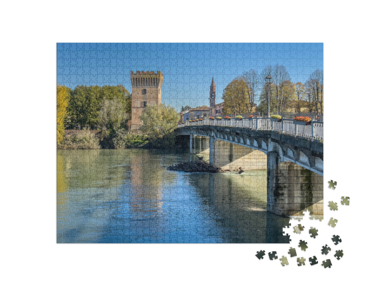 Puzzle 1000 pezzi „Ponte che attraversa il fiume Adda a Pizzighetone, pittoresca cittadina in provincia di Cremona“