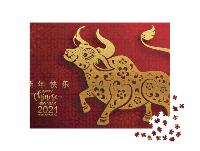 Puzzle 1000 pezzi „Capodanno cinese 2021, anno del bue, in rosso e oro“