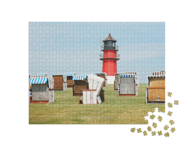 Puzzle 1000 pezzi „Sedie da spiaggia e faro a Büsum, Germania“