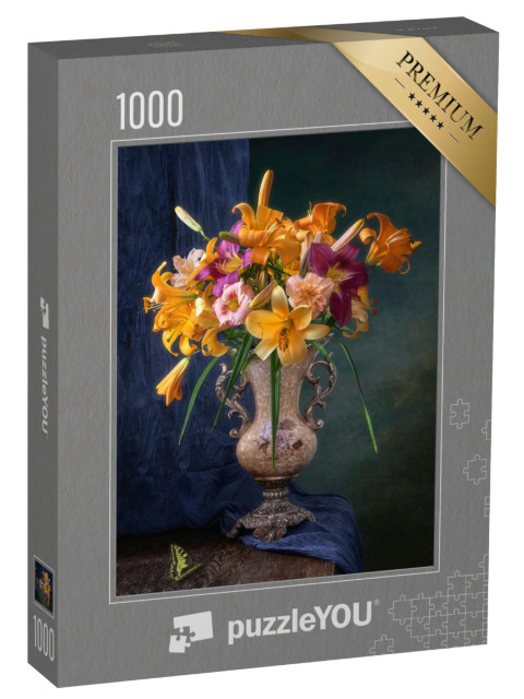 Puzzle 1000 pezzi „Natura morta con gigli gialli e fiori di daylily“