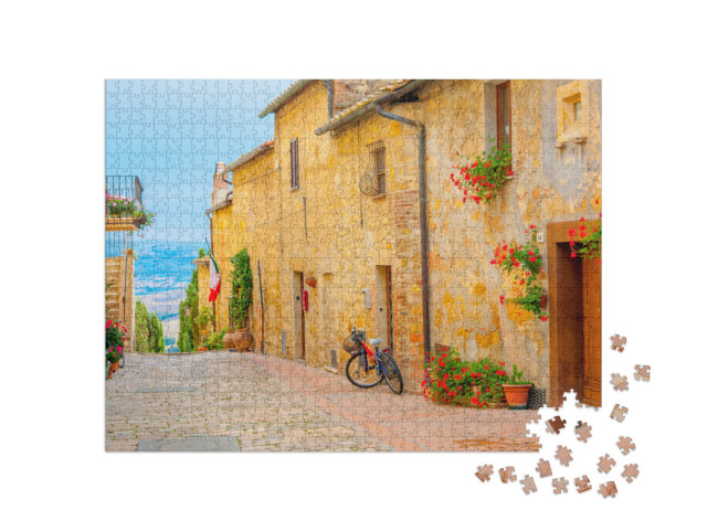 Puzzle 1000 pezzi „Una strada del bellissimo borgo di San Gimignano con vista sulla valle toscana. Italia. Europa“