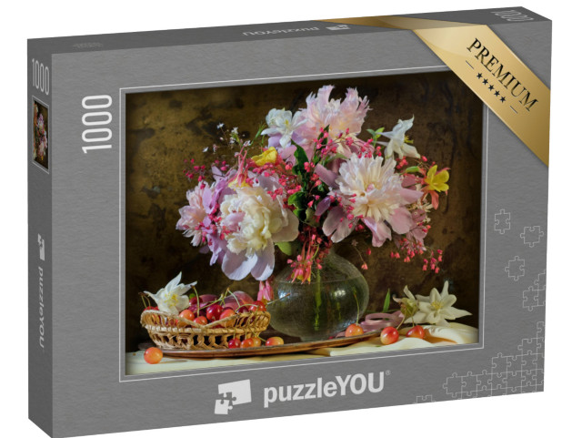 Puzzle 1000 pezzi „Natura morta con campanelle, peonie, aquilegia e ciliegie“