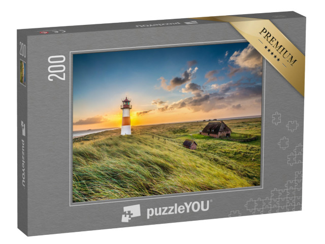 Puzzle 200 pezzi „Alba al faro di List on Sylt, Schleswig-Holstein, Germania“