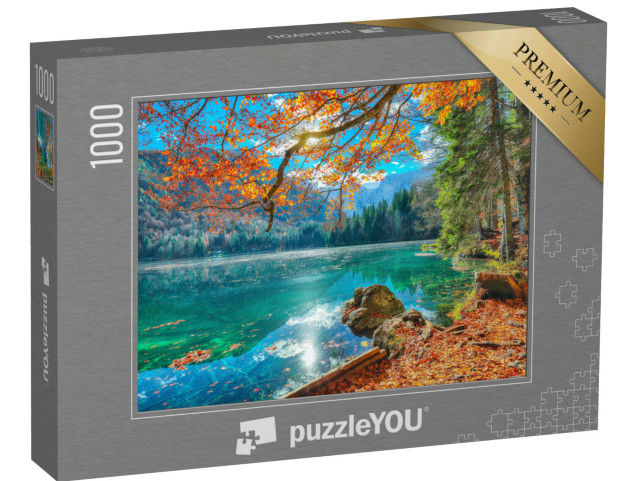 Puzzle 1000 pezzi „Il lago di Fusine con la cima del Mangart sullo sfondo, comune di Tarvisio, provincia di Udine, Italia“
