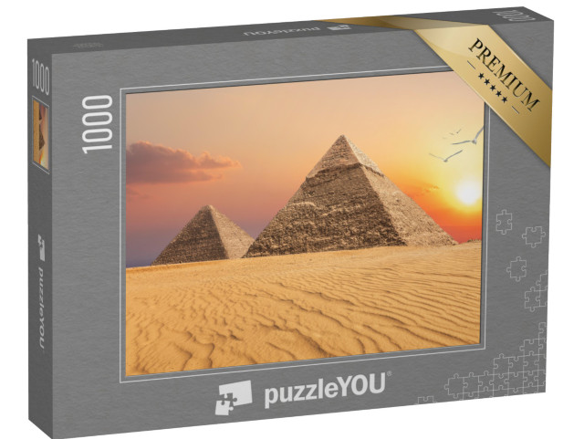 Puzzle 1000 pezzi „Piramide di Chefren e Piramide di Cheope, tramonto, Giza“