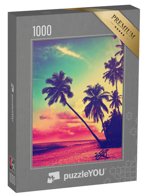 Puzzle 1000 pezzi „Spiaggia tropicale con sagome di palme al tramonto“