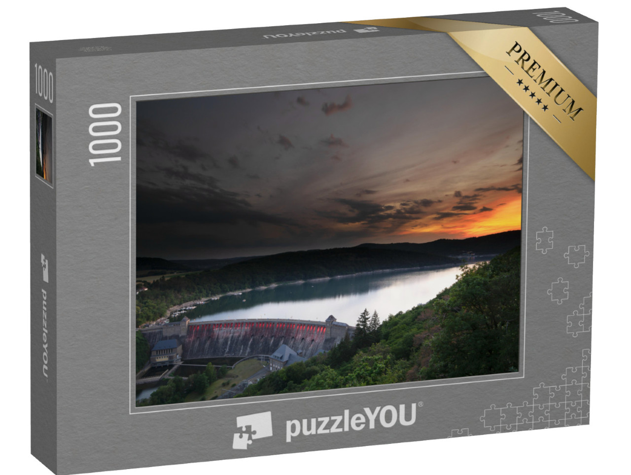 Puzzle 1000 pezzi „Vista dal punto panoramico Kleine Kanzel sul lago Edersee al tramonto“