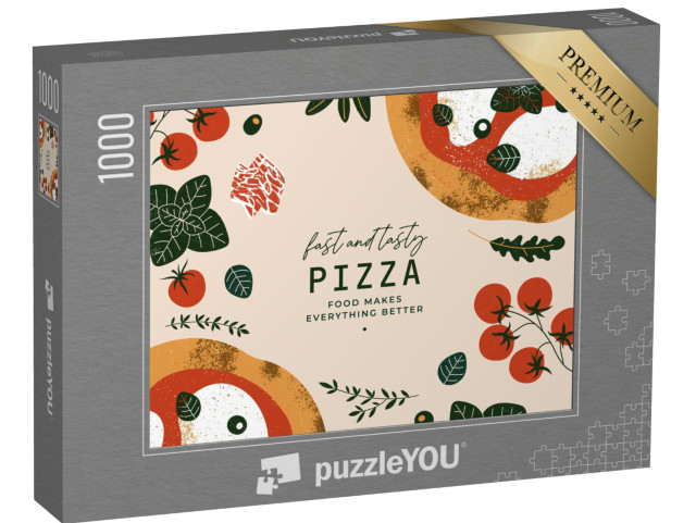 Puzzle 1000 pezzi „Modello di design di pizza italiana. Pizza Margherita con pomodori e mozzarella“