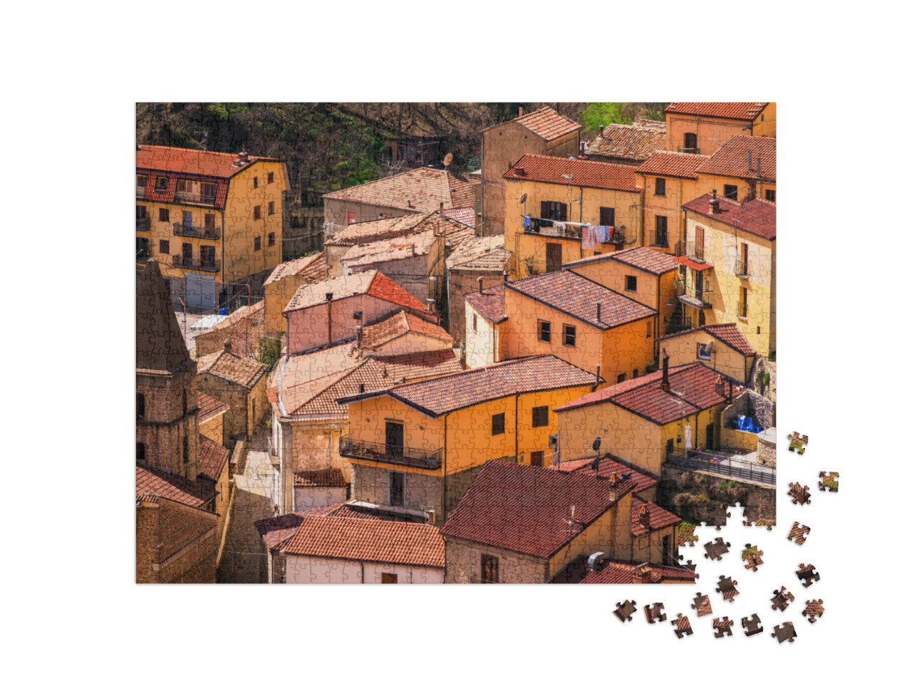 Puzzle 1000 pezzi „Castelmezzano: vedute del centro storico e del paesaggio che circonda il paese“