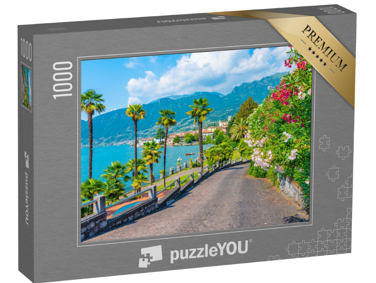 Puzzle 1000 pezzi „Sulzano vista dietro un giardino del lago d'Iseo, Italia“