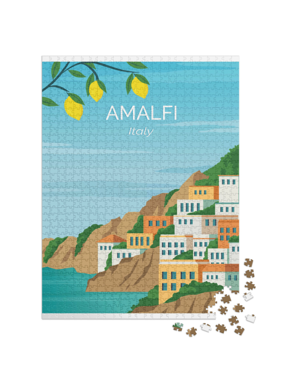 Puzzle 1000 pezzi „Amalfi. Città di mare in Italia. Viaggio ad Amalfi. Paesaggio sfondo illustrazione vettoriale“