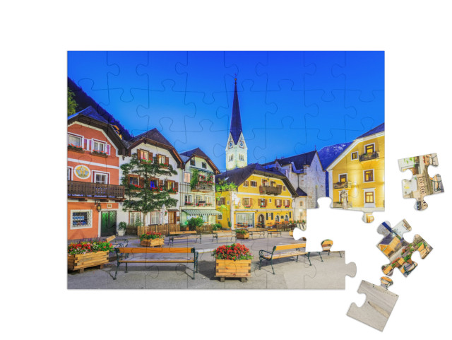 Puzzle 48 pezzi „Hallstatt, Austria, villaggio di montagna nelle Alpi austriache al tramonto“