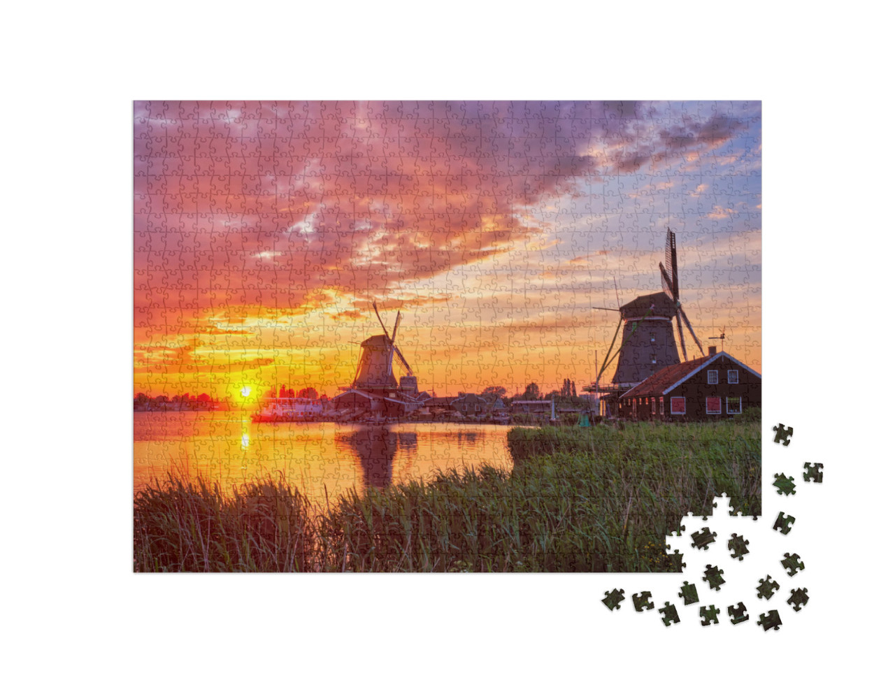 Puzzle 1000 pezzi „Mulini a vento nella località turistica di Zaanse Schans, nei Paesi Bassi“