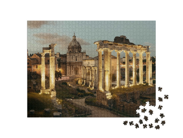 Puzzle 1000 pezzi „Foro di Roma con rovine di architetture antiche di notte. Italia.“
