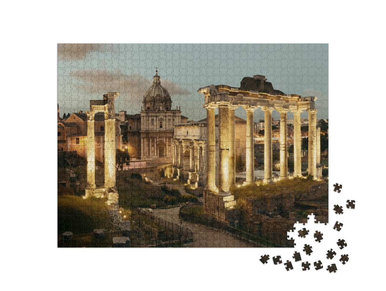 Puzzle 1000 pezzi „Foro di Roma con rovine di architetture antiche di notte. Italia.“