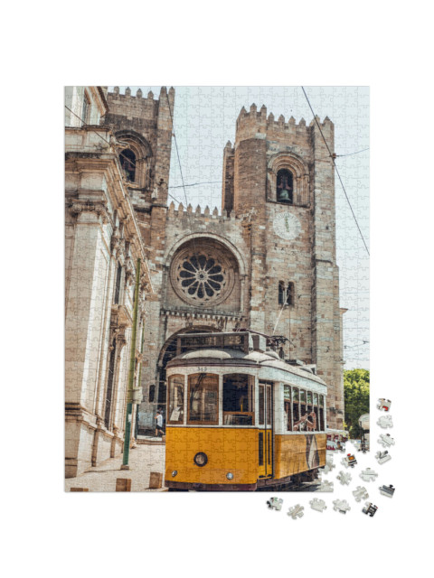 Puzzle 1000 pezzi „Tram giallo nella città di Lisbona, Portogallo“