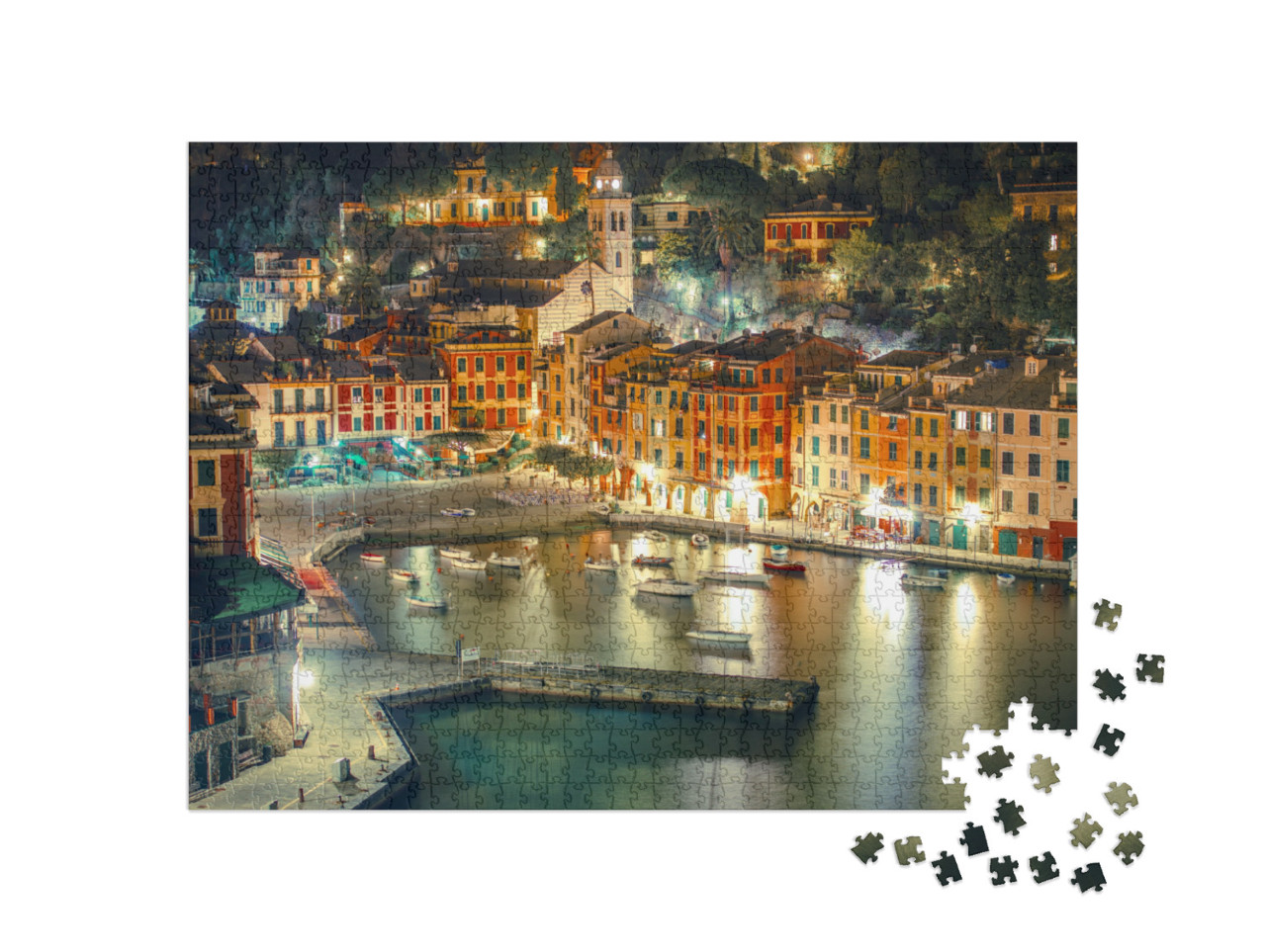 Puzzle 1000 pezzi „Il porto di Portofino di notte. Portofino si trova nella città metropolitana di Genova“