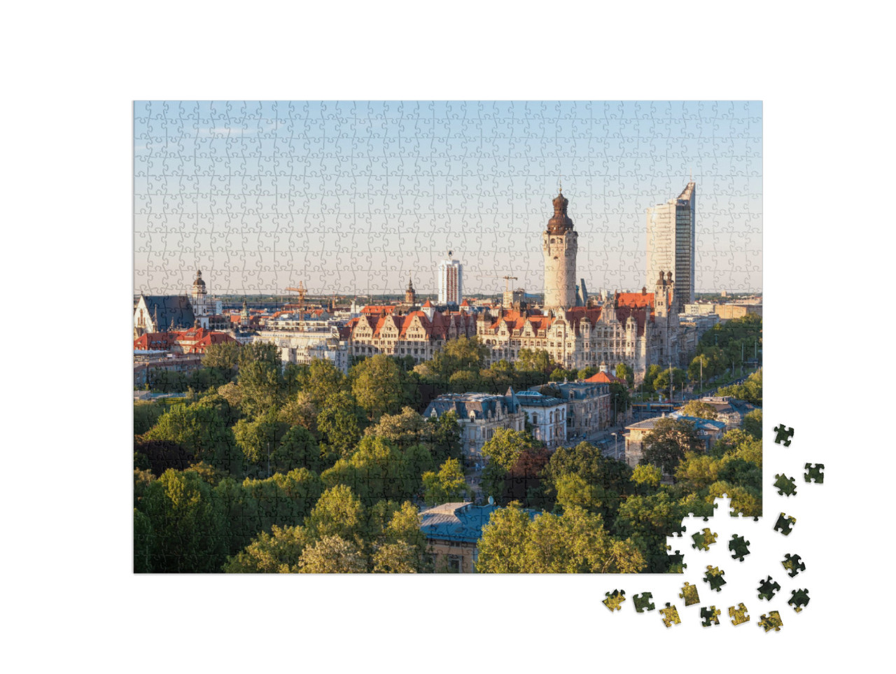 Puzzle 1000 pezzi „Skyline di Lipsia con il municipio al tramonto, Germania“