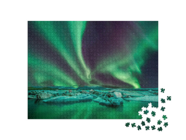 Puzzle 1000 pezzi „Una notte meravigliosa con l'aurora boreale sulla laguna del ghiacciaio in Islanda“