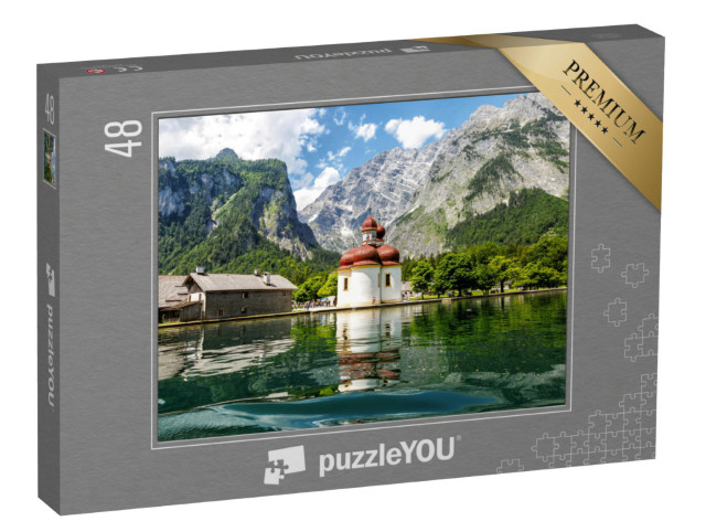 Puzzle 48 pezzi „Vista della chiesa di San Bartolomeo dal lago Königssee, Baviera“
