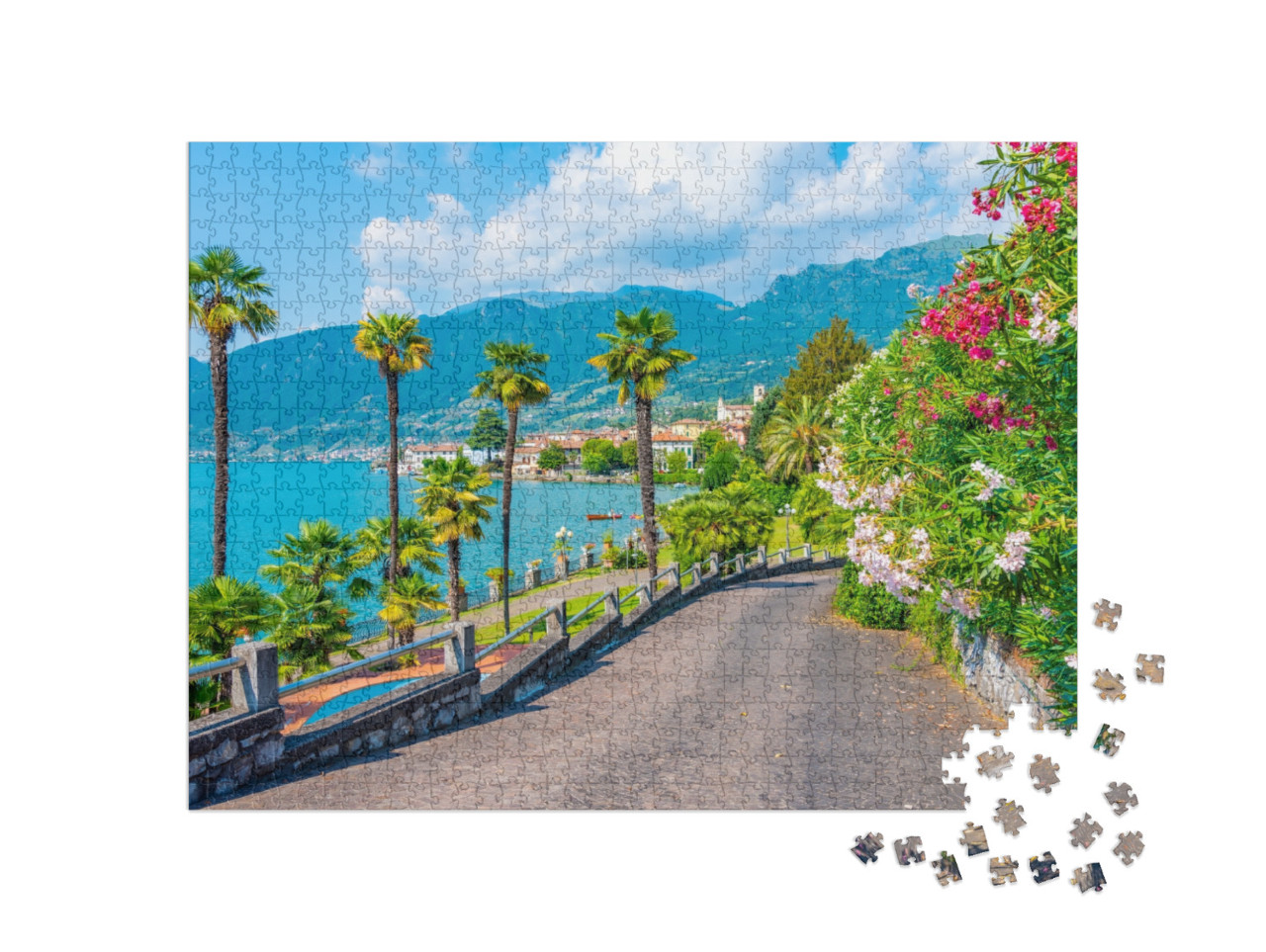 Puzzle 1000 pezzi „Sulzano vista dietro un giardino del lago d'Iseo, Italia“