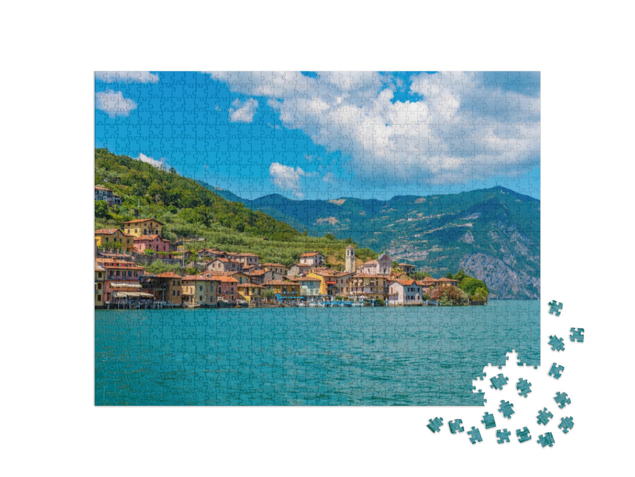 Puzzle 1000 pezzi „Il villaggio di Carzano sull'isola di Monte Isola, sul lago d'Iseo, in Italia“