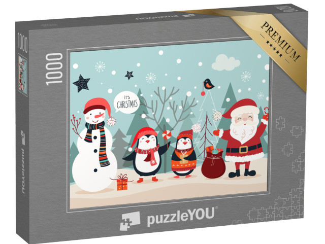 Puzzle 1000 pezzi „Biglietto di Natale con figure divertenti su uno sfondo invernale“