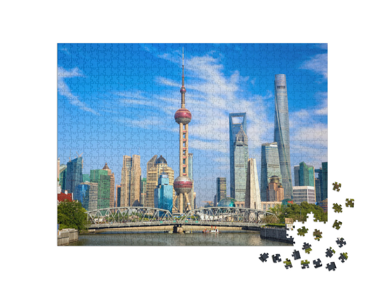 Puzzle 1000 pezzi „Lo skyline di Shanghai con lo storico ponte Waibaidu, Cina“