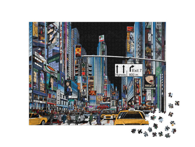 Puzzle 1000 pezzi „Illustrazione vettoriale di una strada di New York City di notte“